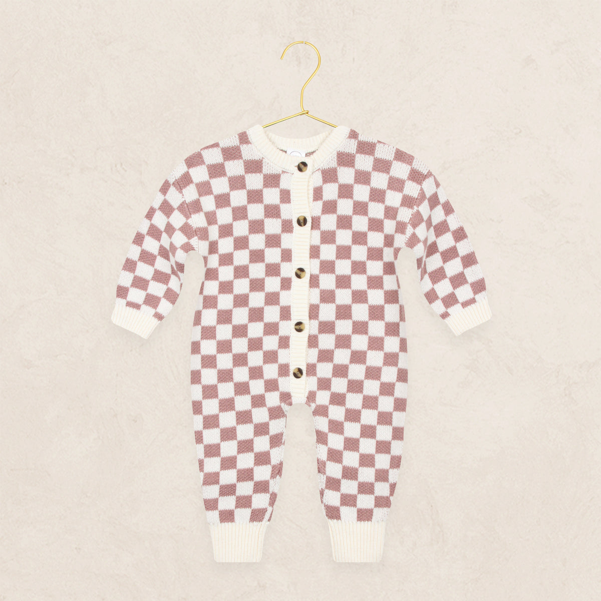 Knit Long Sleeve Onesie - Mauve Checkered