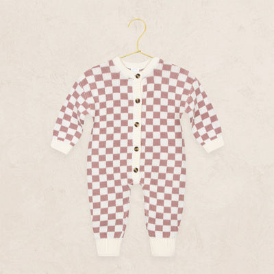 Knit Long Sleeve Onesie - Mauve Checkered