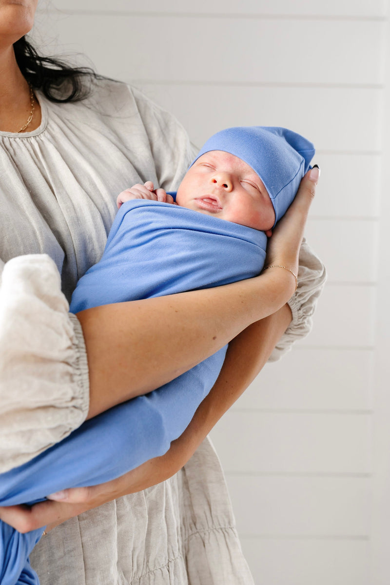 perry swaddle blanket and top knot hat baby boy