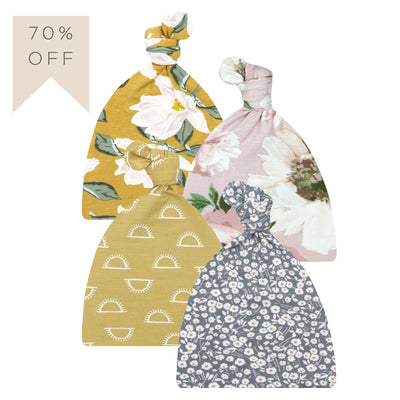 Four floral-patterned headbands on a white background with '70% OFF' text.