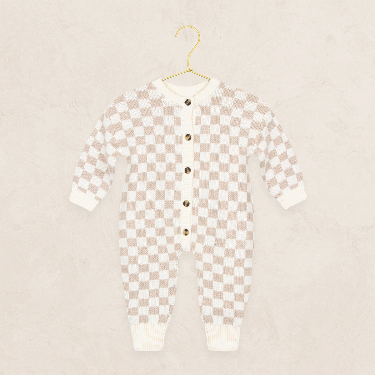 Knit Long Sleeve Onesie - Tan Checkered
