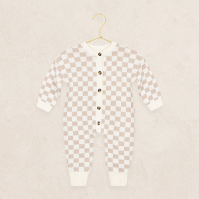 Knit Long Sleeve Onesie - Tan Checkered