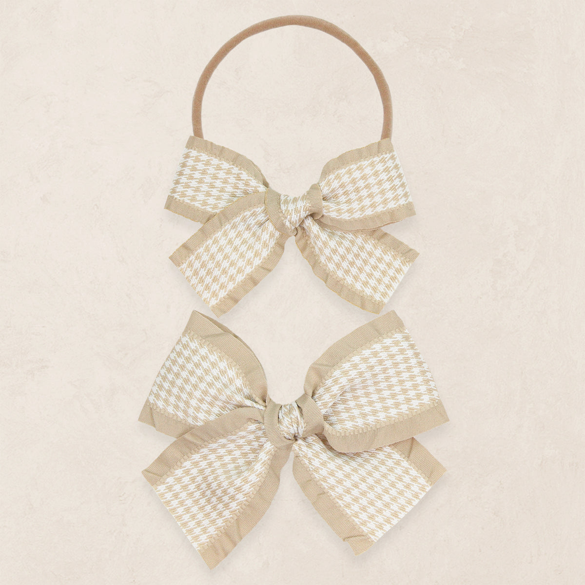 Ribbon Bow - Tan Houndstooth