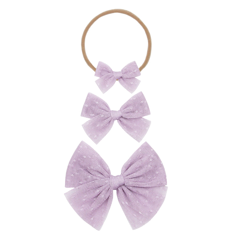 Tulle Bow 3 Pack: Lavender Dot Headbands